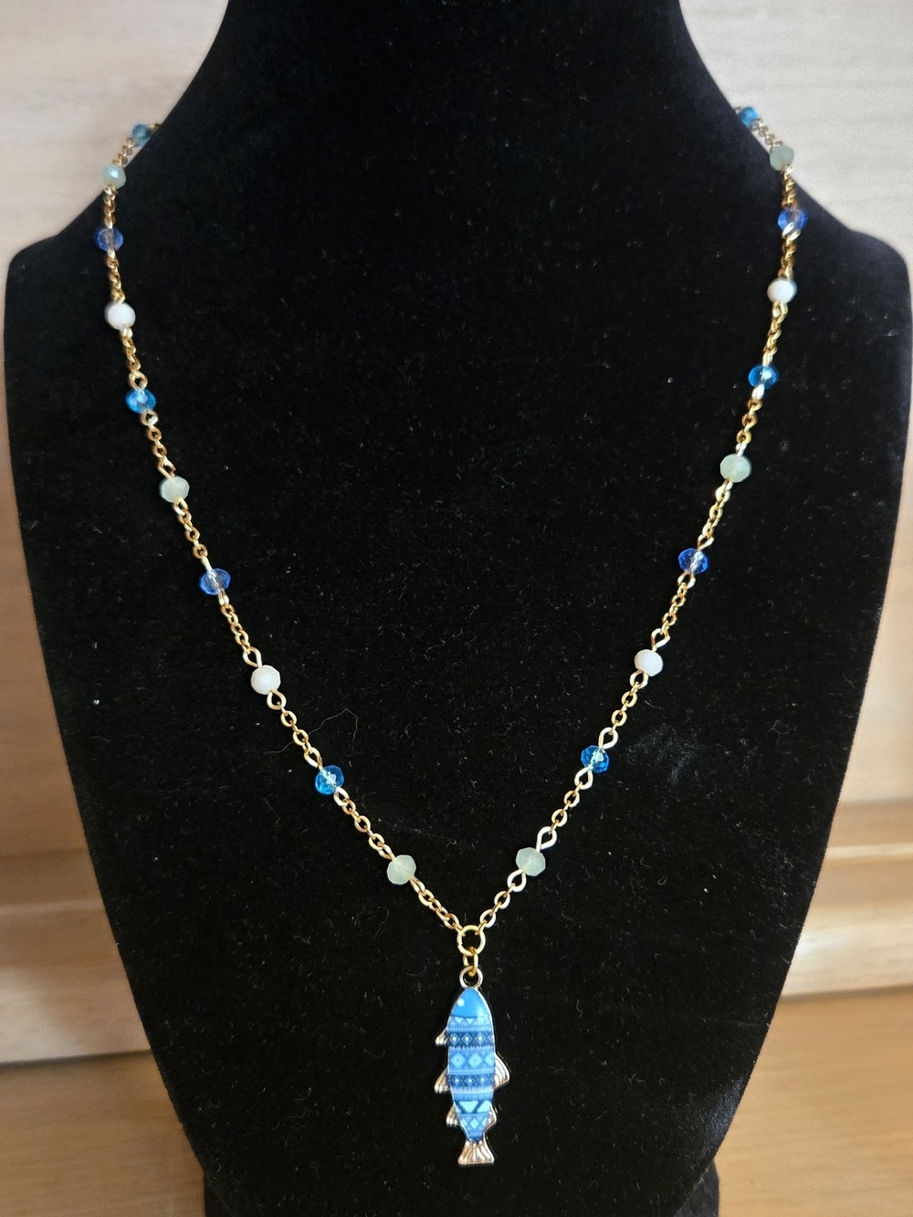 Hand Crafted Gold Necklace with Blue and Aqua Beads and Fish Pendant